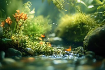 Poster - Tranquil Forest Stream with Orange Petals and Sunlight