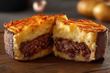 Wall Mural - Close-up of golden shepherd's pie slice revealing a hearty filling of seasoned beef and fluffy mashed potatoes.