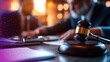 © DKPhoto - The image highlights a judge's gavel resting on a legal desk, emphasizing the authority of law and justice in a courtroom environment filled with documents and legal instruments.