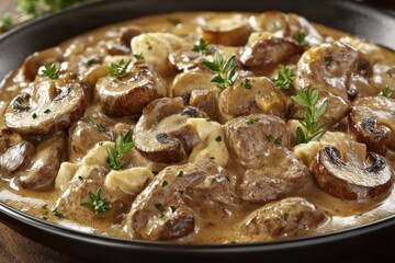 Canvas Print - A rich and creamy mushroom dish garnished with fresh herbs, showcasing a blend of flavors and textures.