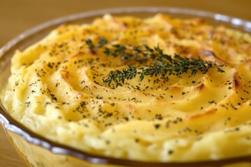 Wall Mural - A close-up of creamy, golden mashed potatoes topped with fresh thyme, offering a hearty and inviting dish.