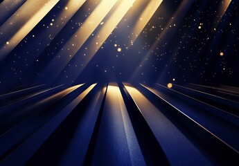 Poster - A background graphic for an evening gala with dark blue and gold tones, a large stage in the foreground, with diagonal lines of light shining down from above, generative ai