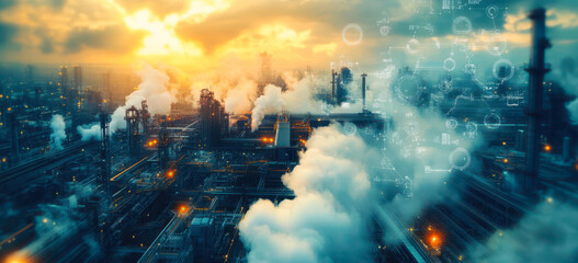 Poster - industrial factory landscape with technological overlay illustrating modern machinery and innovation