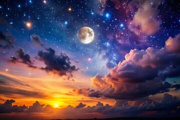 Wall Mural - Enchanting Silhouette Photography of a Night Sky with Stars, Moon, and Wispy Clouds for Stunning Atmospheric Backgrounds