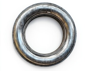 Steel Washer Isolated on White Background. Top View Closeup of Circle-shaped Construction Element