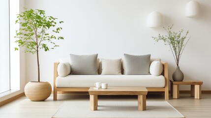 Poster - Cozy minimalist living area with natural elements and soft textures. Generative AI