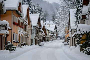 Wall Mural - Snow-covered European village street with houses and trees