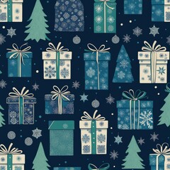 Wall Mural - christmas seamless pattern with gift boxes  and trees