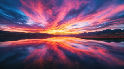 Poster - A brilliant sunset paints the sky and mountain range with vibrant colors over a calm reflective lake