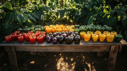 Aufkleber - A colorful array of fresh bell peppers displayed on a rustic wooden table in a sunlit garden during the summer harvest