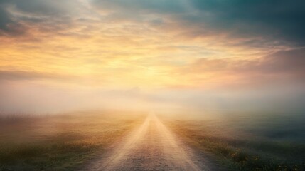 Aufkleber - A peaceful dirt road leads into a gentle mist at dawn, inviting exploration in a serene countryside landscape