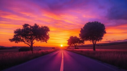 Poster - A breathtaking sunset over a peaceful road lined with trees in the countryside showcases nature's beauty at dusk