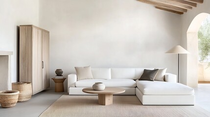 Wall Mural - Bright and Airy Modern Living Room with Minimalist Wooden Furniture and Decor