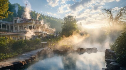 Poster - A breathtaking sunrise over the geothermal pools of Hot Springs National Park surrounded by lush greenery and historic architecture