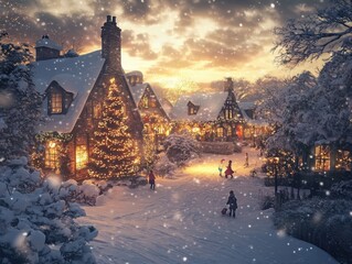 Aufkleber - A charming winter village adorned with festive lights and snow, bustling with activity as people enjoy the holiday season during twilight