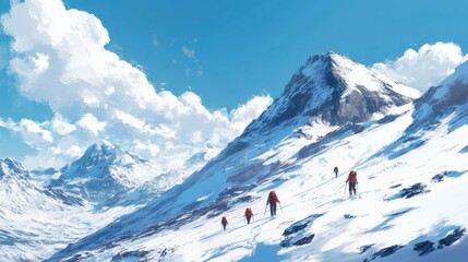 Aufkleber - Hikers traverse a snowy mountain landscape under a bright blue sky during winter exploration
