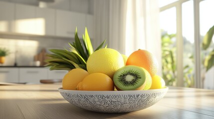Poster - A colorful arrangement of fresh fruits in a decorative bowl on a sunlit kitchen countertop in a cozy home