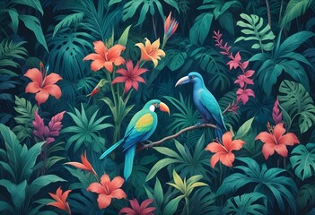 Naklejka na meble Tropical exotic pattern with animal and flowers in bright colors and lush vegetationn