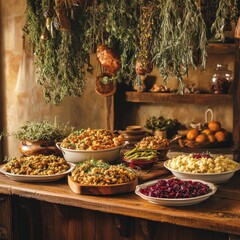 Poster - A rustic kitchen table filled with an abundance of delicious homemade dishes surrounded by herbs and vintage decor