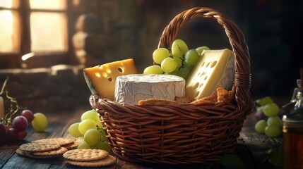 Poster - A rustic wicker basket filled with assorted cheeses, crackers, and fresh grapes on a wooden table by a sunny window