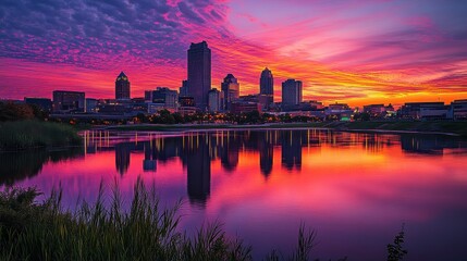 Poster - A stunning sunset over the Des Moines skyline reflected in the calm waters of the river, showcasing vibrant colors and urban beauty