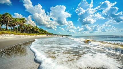 Poster - A sunny day on the sandy shores with gentle waves and vibrant clouds in a serene coastal setting