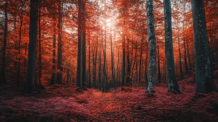Aufkleber - Autumn forest with vibrant red and orange leaves creating a serene atmosphere in the woods during the fall season