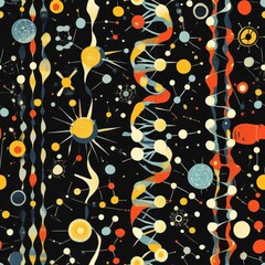 Poster - An abstract molecular pattern showcasing vibrant elements on a black background, capturing intricate details of molecular structures