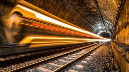 Poster - A long-exposure capture of a train racing through a dark tunnel beneath the city at night, showcasing vibrant motion and energy