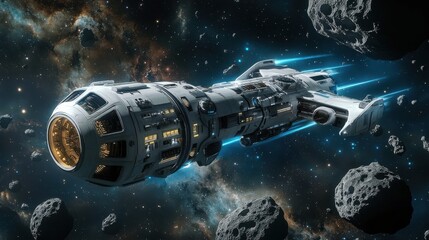 Poster - Futuristic cargo spaceship navigating through an asteroid field in the depths of outer space