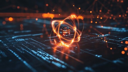 Aufkleber - Conceptual representation of quantum computing showcasing interconnected particles and digital circuitry in a futuristic setting