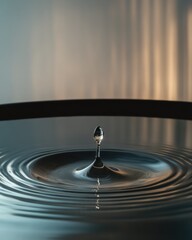 Poster - A close-up of a water drop splashing into still water during golden hour, creating ripples in serene surroundings