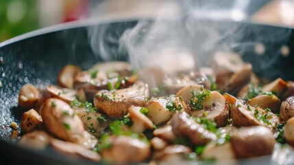 Poster - A close-up of fresh mushrooms sautéing in a hot pan with herbs and spices, creating a flavorful and aromatic dish