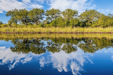 Poster - Reflection of Trees and Clouds in a Calm Water Body