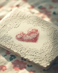 Aufkleber - A close-up of a vintage-style Valentine’s Day card featuring a heart design and delicate lace details on a floral background