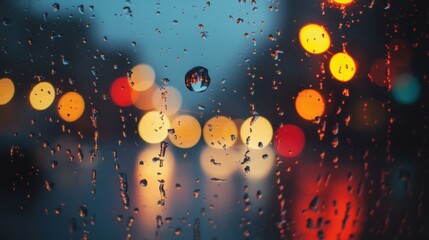 Poster - A close-up view of a single raindrop landing on a vibrant city window during a rainy evening