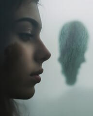Poster - Close-up of a person's face reflected on a misty window, capturing a ghostly silhouette in soft light on a chilly evening