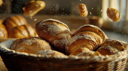 Poster - Freshly baked crusty bread rolls in a rustic basket on a wooden table in a cozy kitchen setting