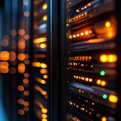 Poster - close-up view of a computer server rack illuminated with led lights in a data center during nighttim