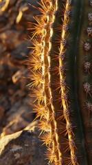 Aufkleber - A close-up view of a giant saguaro cactus highlighting its intricate spines during golden hour in the Sonoran Desert