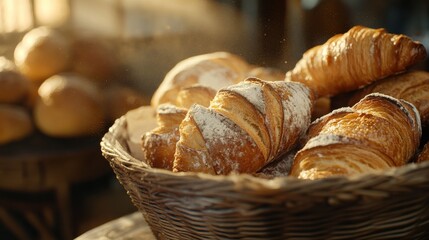 Aufkleber - A close-up view of a rustic bread basket filled with fresh, crusty croissants and rolls in a warm, inviting bakery setting