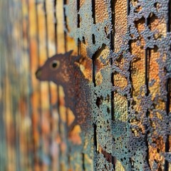 Poster - A close-up view of a textured metal fence with artistic gaps and holes, revealing the intricate design and vibrant colors in sunlight