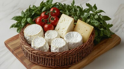 Poster - A gourmet cheese basket with fresh tomatoes and basil on a wooden surface ready for a delightful culinary experience