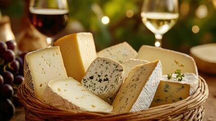 Poster - Delicious cheese basket centerpiece at an outdoor wine and cheese event in the evening glow