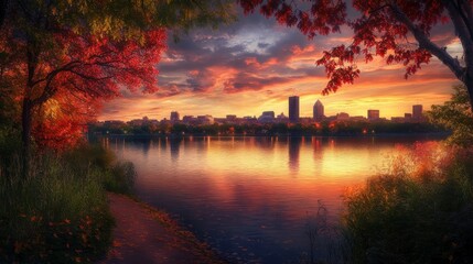 Poster - Sunset view of historic Boston skyline along the river with autumn foliage reflecting vibrant colors in the water