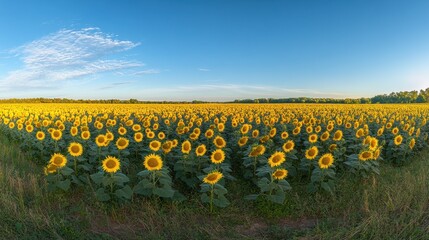 Aufkleber - A stunning panorama of a vast sunflower field under a clear blue sky during the golden hour in late summer