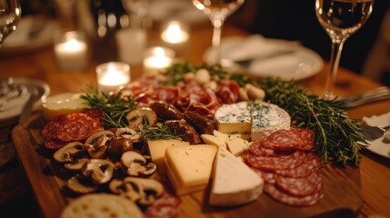 Poster - A beautifully arranged charcuterie board with meats, cheeses, and garnishes placed on a rustic wooden table at an evening gathering