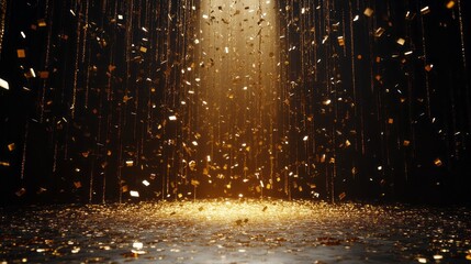 Poster - A gold colored room with a lot of gold confetti falling from the ceiling