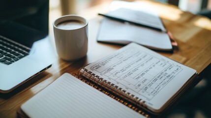 Poster - An overhead view of a busy desk featuring a laptop, coffee mug, notebooks, and scattered documents during a work session