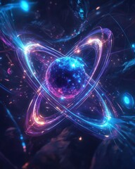 Leinwandbilder - An artistic depiction of an atomic model with a vibrant electron orbiting a glowing nucleus against a dark cosmic background